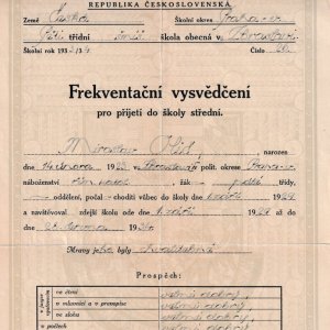 Frekventační vysvědčení ze ZŠ pro přijetí na gymnázium (1934)