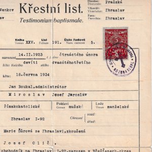 Křestní list M. Oliče (1934)