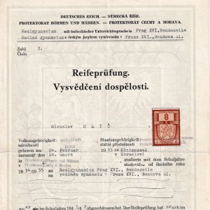 Maturitní „vysvědčení dospělosti“ M. Oliče (1942) 1/3