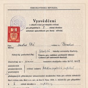 Potvrzení o složení zkoušky z metodiky výuky angličtiny (1949)