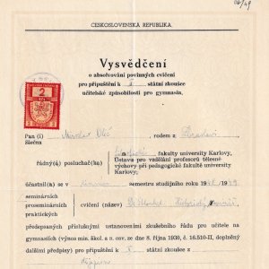 Potvrzení o absolvování Historického semináře u prof. Stloukala (1949)