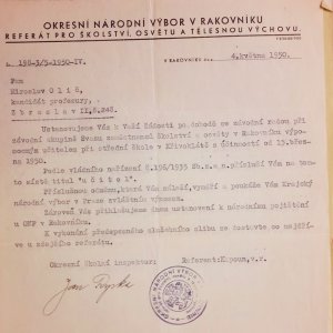 Rozhodnutí o nástupu M. Oliče na střední školu v Křivoklátě (1950)