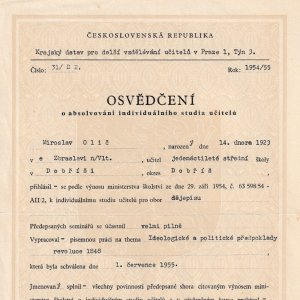 Osvědčení o absolvování individuálního studia učitelů dějepisu (1955)