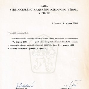 M. Olič opouští funkci ředitele Gymnázia Dobříš (1983)