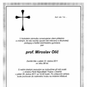 Smuteční oznámení o úmrtí profesora Miroslava Oliče (2011)